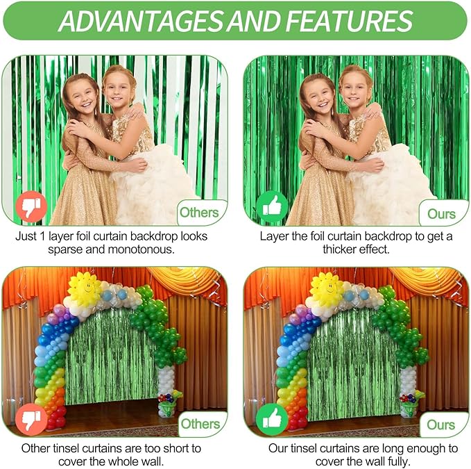 Crosize 2 Pack 3.3 x 9.9 ft Green Foil Fringe Backdrop Curtain, Streamer Backdrop Curtains, Streamers Birthday Party Decorations, Tinsel Curtain for Parties, Galentines Decor, Preppy, Photo Booth