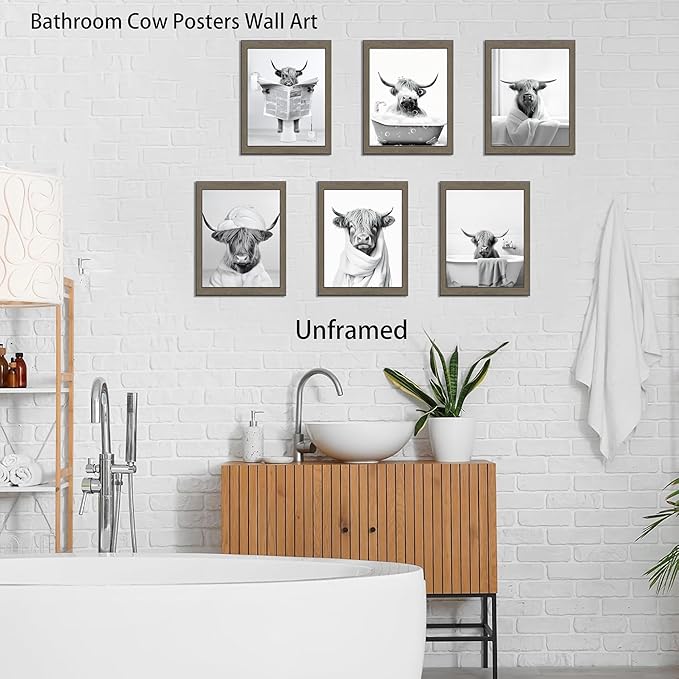 SEHSUVC Funny Bathroom Cow Posters Wall Art Set of 9, Black and White Highland Cow Canvas Wall Decor Painting, Humor Animals Pictures Prints for Bedroom Bathroom Childrenroom 8x10In Unframed