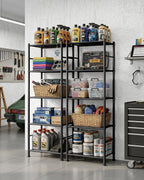 Sakugi Storage Shelves - Set of 2, 5-Tier Metal Shelf Organizer, Space-Saving Garage Shelving with Leveling Feet, Standing Shelves Organizer for Kitchen, Laundry, Pantry (18.4" x 12.6" x 57.4", Black)