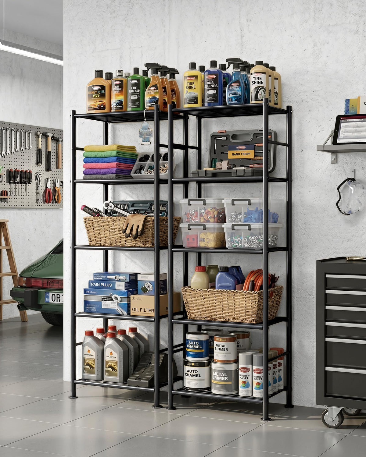 Sakugi Storage Shelves - Set of 2, 5-Tier Metal Shelf Organizer, Space-Saving Garage Shelving with Leveling Feet, Standing Shelves Organizer for Kitchen, Laundry, Pantry (18.4" x 12.6" x 57.4", Black)