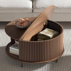 Round Coffee Table with Storage,Fluted Center Table with Sliding Cabinet Door for Living Room,Home Small Space,31.5" Small Center Table,Walnut
