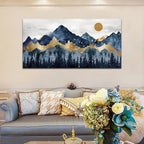 Abstract Nordic Canvas Wall Art - Indigo Blue and Brown Mountain Forest Picture Wall Decor Sun Birds Canvas Painting Nature Landscape Prints Artwork for Living Room Bedroom Decoration 29" x 58"