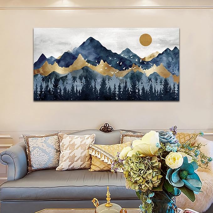 Abstract Nordic Canvas Wall Art - Indigo Blue and Brown Mountain Forest Picture Wall Decor Sun Birds Canvas Painting Nature Landscape Prints Artwork for Living Room Bedroom Decoration 29" x 58"