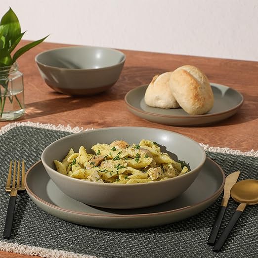 Gibson Elite Laguna Bliss 16 Piece Stoneware Reactive Glaze (Service for 4) Ceramic Plates and Bowls Dinnerware Set - Matte Green W/Terracotta Bottom