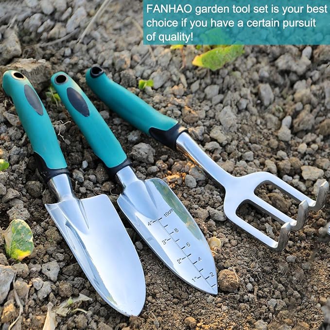 FANHAO Garden Tools Set, 3 Piece Heavy Duty Gardening Tools Cast Aluminum with Soft Rubberized Non-Slip Handle, Durable Garden Hand Tools Garden Gifts for Men Women