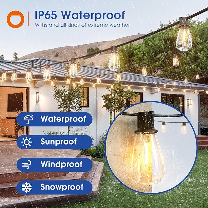 addlon 100FT(50FT*2) LED Outdoor String Lights Waterproof Patio Lights with 54 Shatterproof ST38 Replaceable Bulbs(4 Spare), Dimmable Outside Hanging Lights Connectable for Porch, Backyard, 2200K