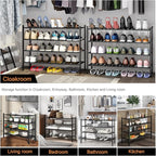 Long Shoe Rack, 4-Tier Bamboo Stackable Shoe Shelf Storage Organizer, Shoe Stand for Closet, Entryway and Hallway(Black)
