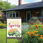 Hello Spring Flags for Outside,Buffalo Plaid Floral Truck Garden Flag for Yard Patio Lawn Decoration,12x18 Inch Double Sided