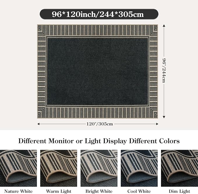 OJIA Easy Jute Outdoor Rug 8x10, Large Patio Rug Washable Area Rugs for Living Room Farmhouse Indoor Outdoor Carpet Striped Border Modern Non-Slip Black Rug for Bedroom Backyard Office Decor