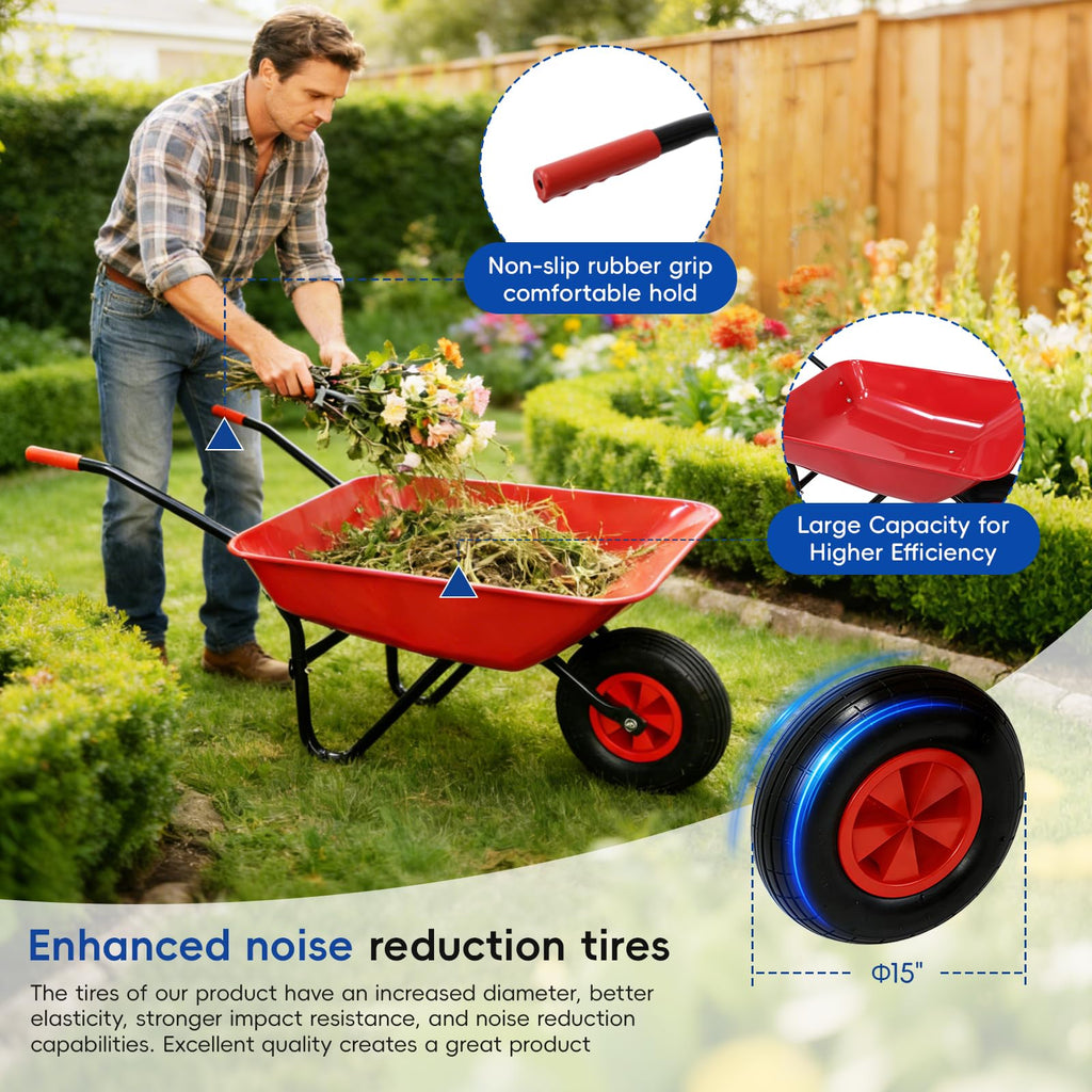 Heavy Duty Steel Tray Garden Wheelbarrow with 12" Pneumatic Single Wheel