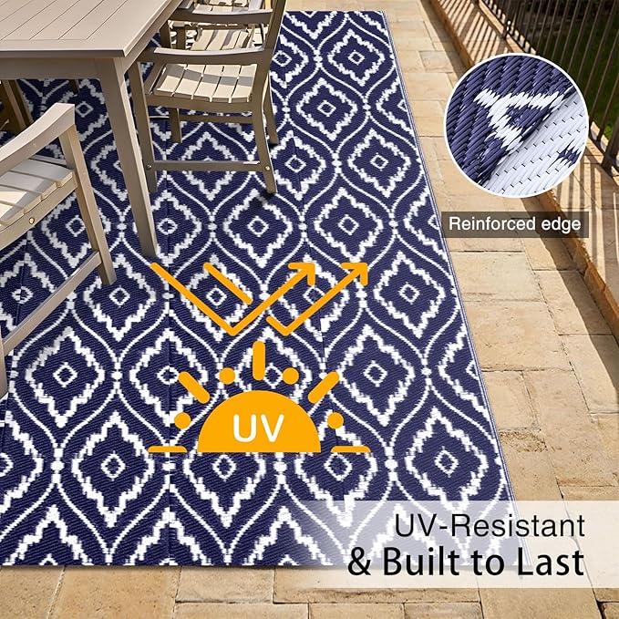 OLANLY Outdoor Rug 5x8 ft Waterproof, Outdoor Plastic Straw Rug with Geometric Pattern Clearance, Reversible RV Mat for Patio, Camping, Balcony, Deck, Backyard, Navy & White