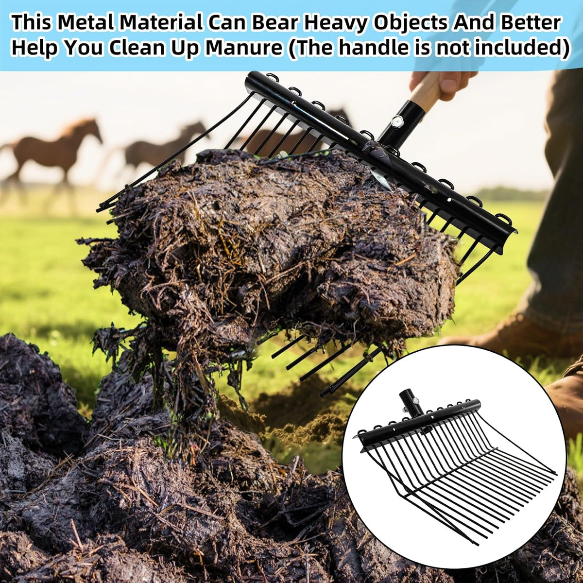 Pitch Manure Fork Head, Metal Pitch Fork for Garden, Durable Digging Fork Rake Head Replacement with Angled Tines, Stable Pitchforks Scoop for Mulch Horse Stall Picking up Hay Animal