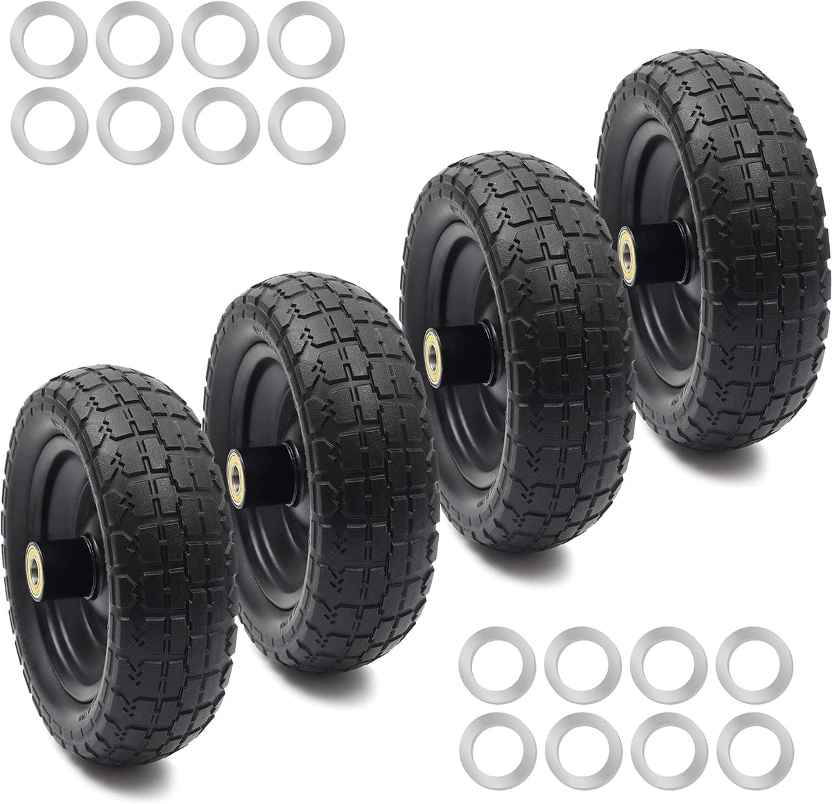 AR-PRO (4-Pack) Replacement Wheels 10 inch Flat Free Tire - Solid Flat-Free Tire and Wheel - 3" Wide Tires with 5/8 Axle Borehole and 2.1" Hub - Compatible with Garden, Yard and Farm Cart