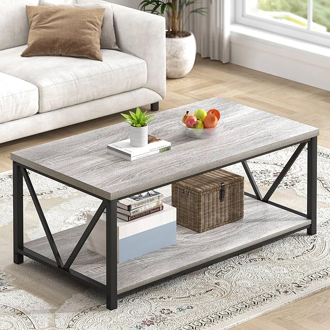 FOLUBAN Modern Coffee Table, Rustic Wood and Metal Center Table with Storage Shelf, Industrial Cocktail Table for Living Room, Light Grey, 39 Inch
