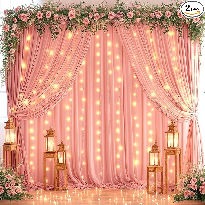 10ft x 10ft Dusty Rose Chiffon Backdrop Curtain with Lights String for Parites Wedding Wrinkle Free Curtain Photo Backdrops Drapes for Baby Shower Birthday Party Home Decorations