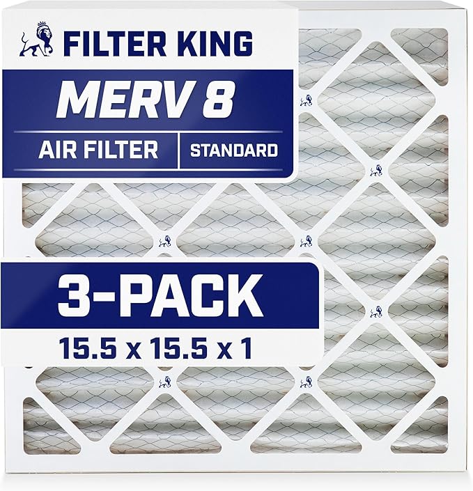 Filter King 15.5x15.5x1 Air Filter | 3-PACK | MERV 8 HVAC Pleated A/C Furnace Filters | MADE IN USA | Actual Size: 15.5 x 15.5 x .75"