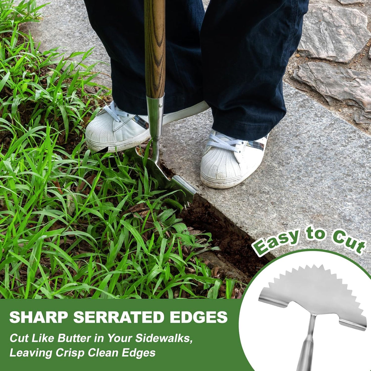 Haliaeetus Manual Edger, 39.3'' Garden Edger with Serrated Edge for Easily Hacking Through Dirt and Weed, Hand Edger with T-Grip Offer Comfort and Control, Stainless Steel Lawn Edger Tool for Sidewalk