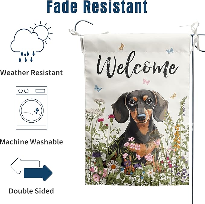 Floral Dachshund Garden Flag Spring Summer Yard Flag Flower Dog Garden Flags for Outside Small Outdoor Welcome Flags 12x18 Double Sided