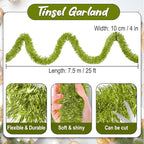 25 Feet Light Green Christmas Tinsel Garland, Metallic Foil Twist Banner Wall Hanging Tinsel Streamers Backdrop for Parade Floats, Christmas, Mother's Day, Birthday Party Decorations(4in x 25ft)
