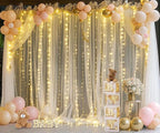 Champagne Tulle Photo Backdrop Curtain with Lights String for Parties Wedding Bridal Shower Sheer Champagne Curtain Backdrop for Birthday Baby Shower Photo Booth Photography 20ft x 8ft