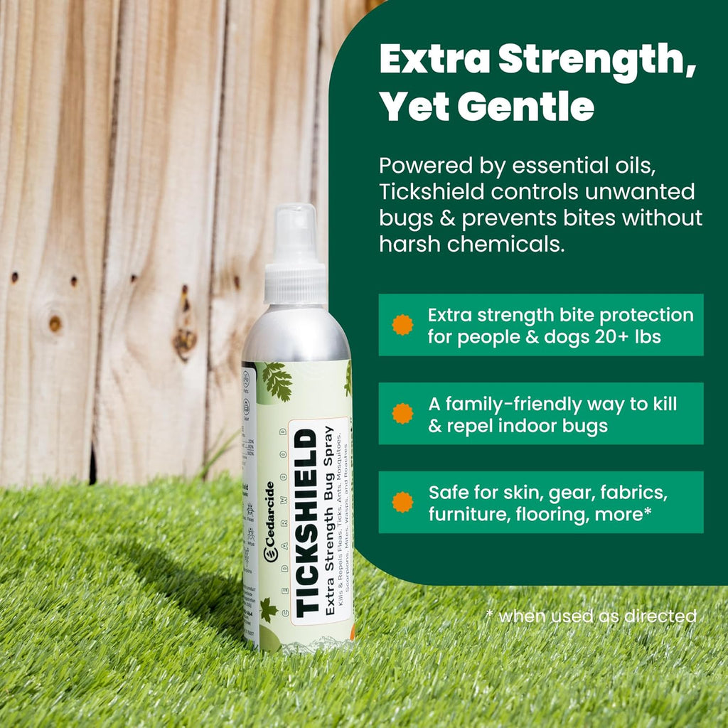 Cedarcide Extra- Strength Tickshield | Deep Woods Cedar Oil Tick & Mosquito Repellent Spray Kills & Repels Ticks, Fleas, Chiggers and Mosquitoes| For People & Pets | Natural Essential Oils | 4 Oz