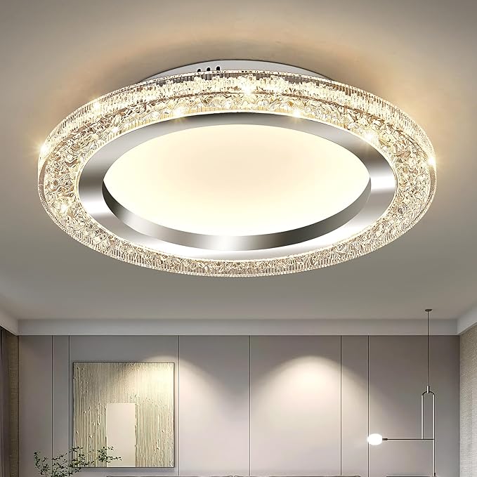 UOFUS 32W LED Flush Mount Ceiling Light Chrome 15.7inch Modern Round Ceiling Light Fixture 3000K-6000K Super Bright Circle Ceiling Lamp for Bedroom Kitchen Dining Room Entryway Hallway Foyer