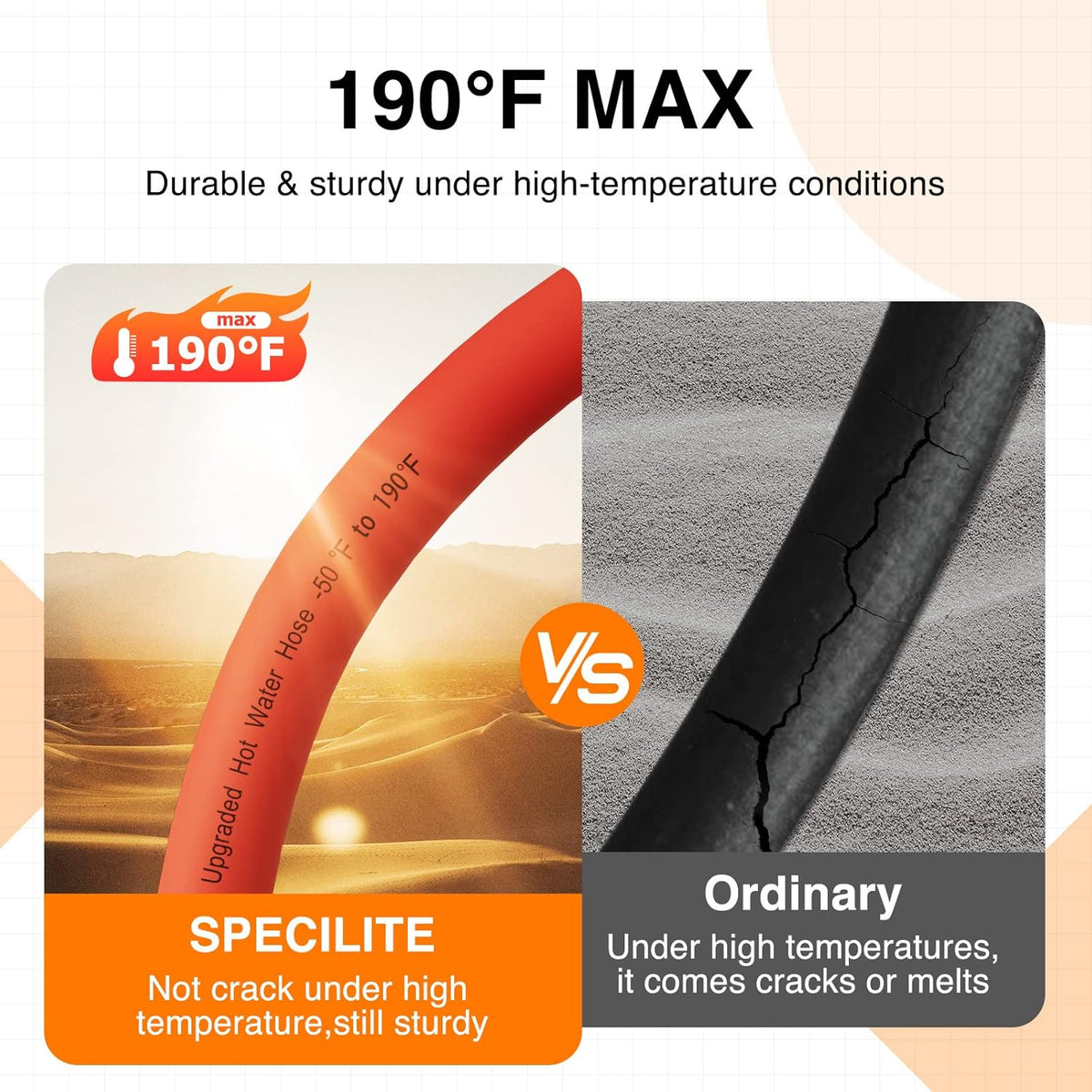 SPECILITE 3/4" Hot/Cold Short Leader Garden Water Hose 10 ft, -50℉-190℉, Flexible & Lightweight Rubber Pipes With 3/4" Brass Fittings for Yard, Outdoor, Farm, Red