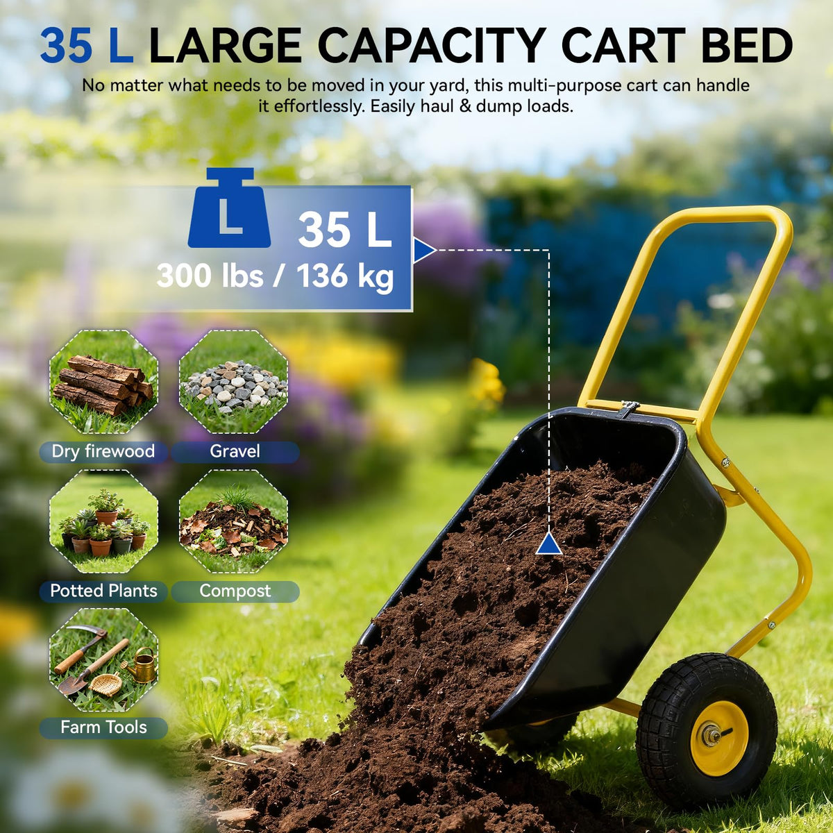 Dual Wheel Garden Wheelbarrow with 10-Inch Pneumatic Tires,300 LBS Capacity