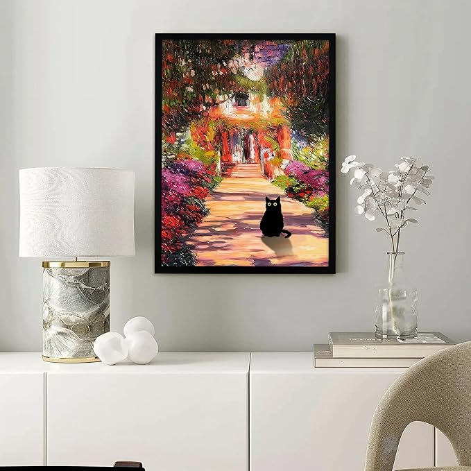 Krtoni Framed Vintage Monet Garden Cat Canvas Wall Art, Famous Oil Paintings Monet Flowers Black Cat Wall Decor, Cute Kitten Lovers Aesthetic Print For Farmhouse Gallery Bedroom Bathroom 16''L x 12''W