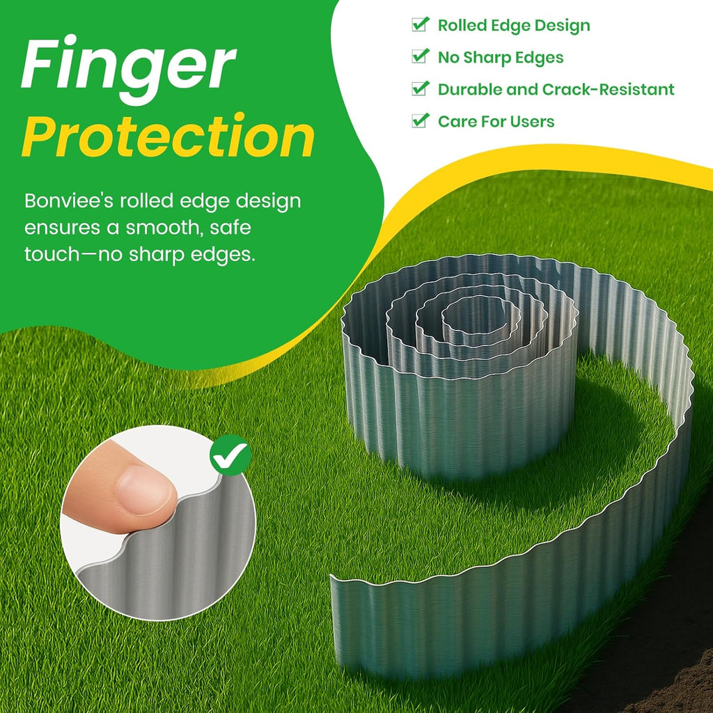 Bonviee 8” x 40’ Metal Landscape Edging Border Kit, Corrugated Garden Edging for Flower Bed, Lawn, Walkways, No Dig Paver Edging for Landscaping, Durable Garden Border Edging (Silver, 8In x 40Ft)