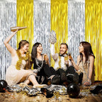 GOER 3.2 ft x 8.2 ft Metallic Tinsel Foil Fringe Curtains Party Backdrop Party Streamers for Birthday,Graduation,New Year Eve Decorations Wedding Decor (4 Pcs,Gold&Silver)