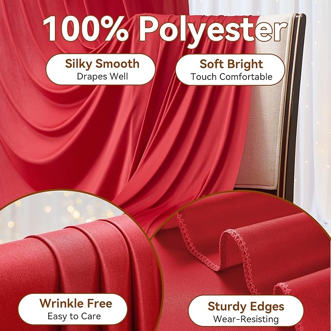 50ft x 15ft Red Wrinkle Free Backdrop Curtains for Parties,Silky Polyester Fabric Wedding Ceiling Drapes, 10 Panels 15ft Photo Back Drop Drapes for Baby Shower Photography Stage Background Cloth