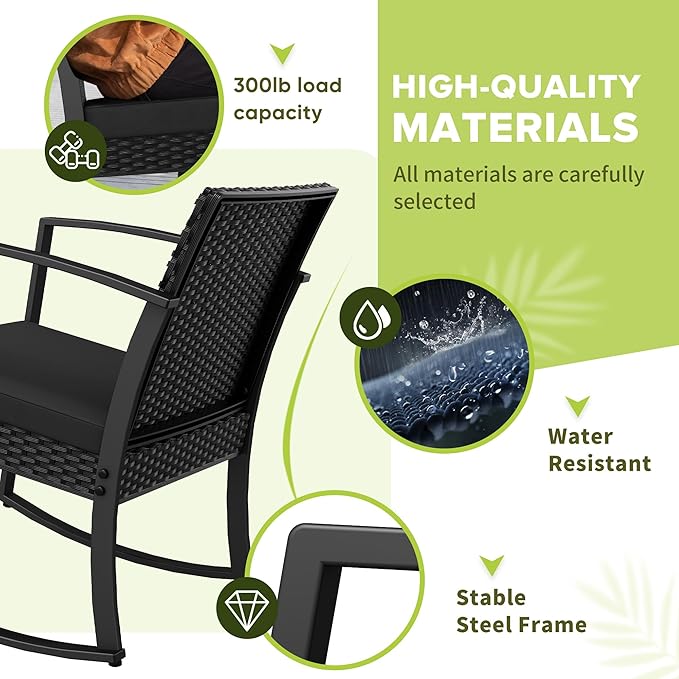 Homall Patio Furniture Set 3 Piece Resin Outdoor Bistro Set Rocking Patio Chairs with Cushions and Table for Porch, Poolside, Balcony and Yard (Black)