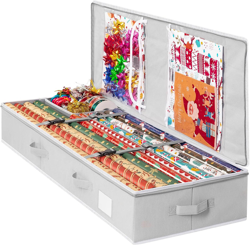 Criusia Gift Wrapping Paper Organizer Storage, Durable Underbed Storage Container Fits 24 Rolls, with Removable Dividers and Pockets for Ribbon, Ornaments, Holiday Accessories, Grey