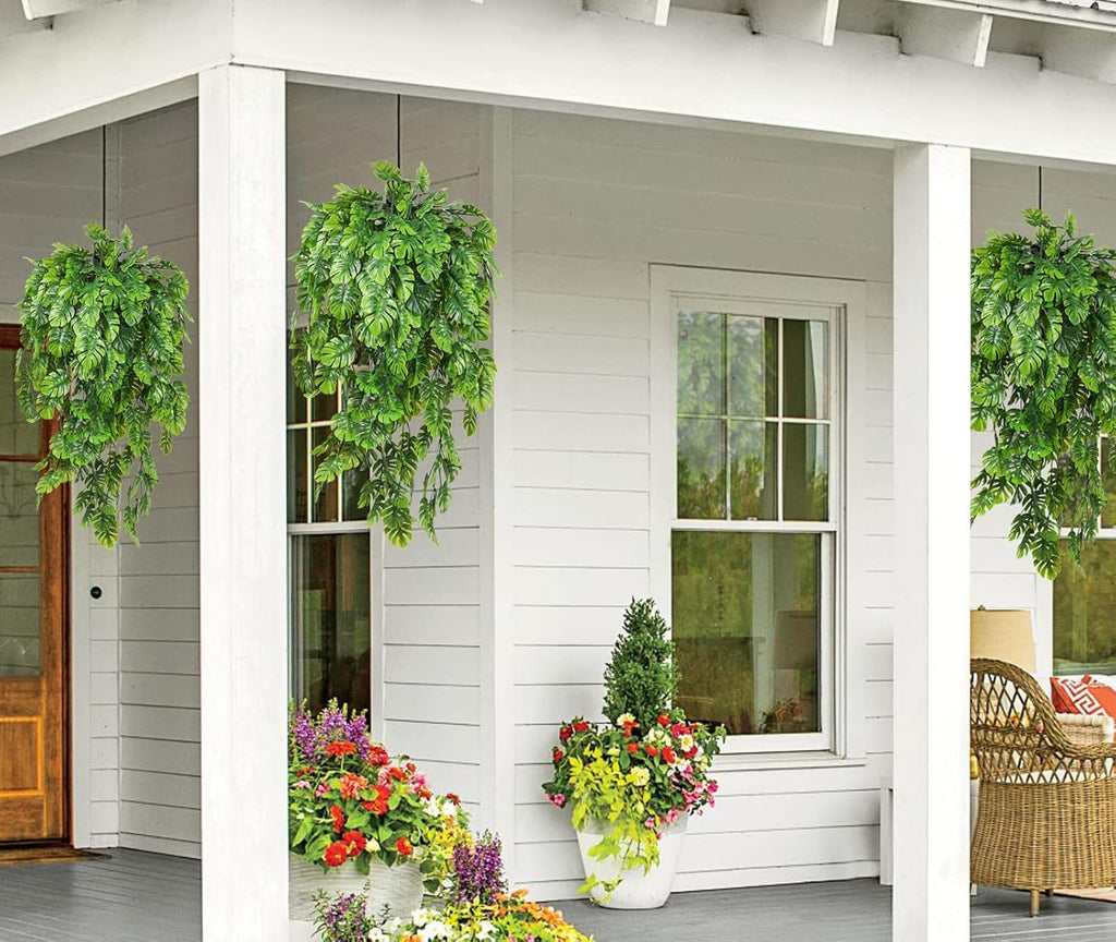 RECUTMS Artificial Hanging Plants 4Pcs, Fake Monstera Leaves Ivy Vine Faux Greenery UV Resistant Tropical Palm Leaf Swag Plant for Garden Home Jungle Hawaiian Luau Party Outdoor Indoor Spring Décor