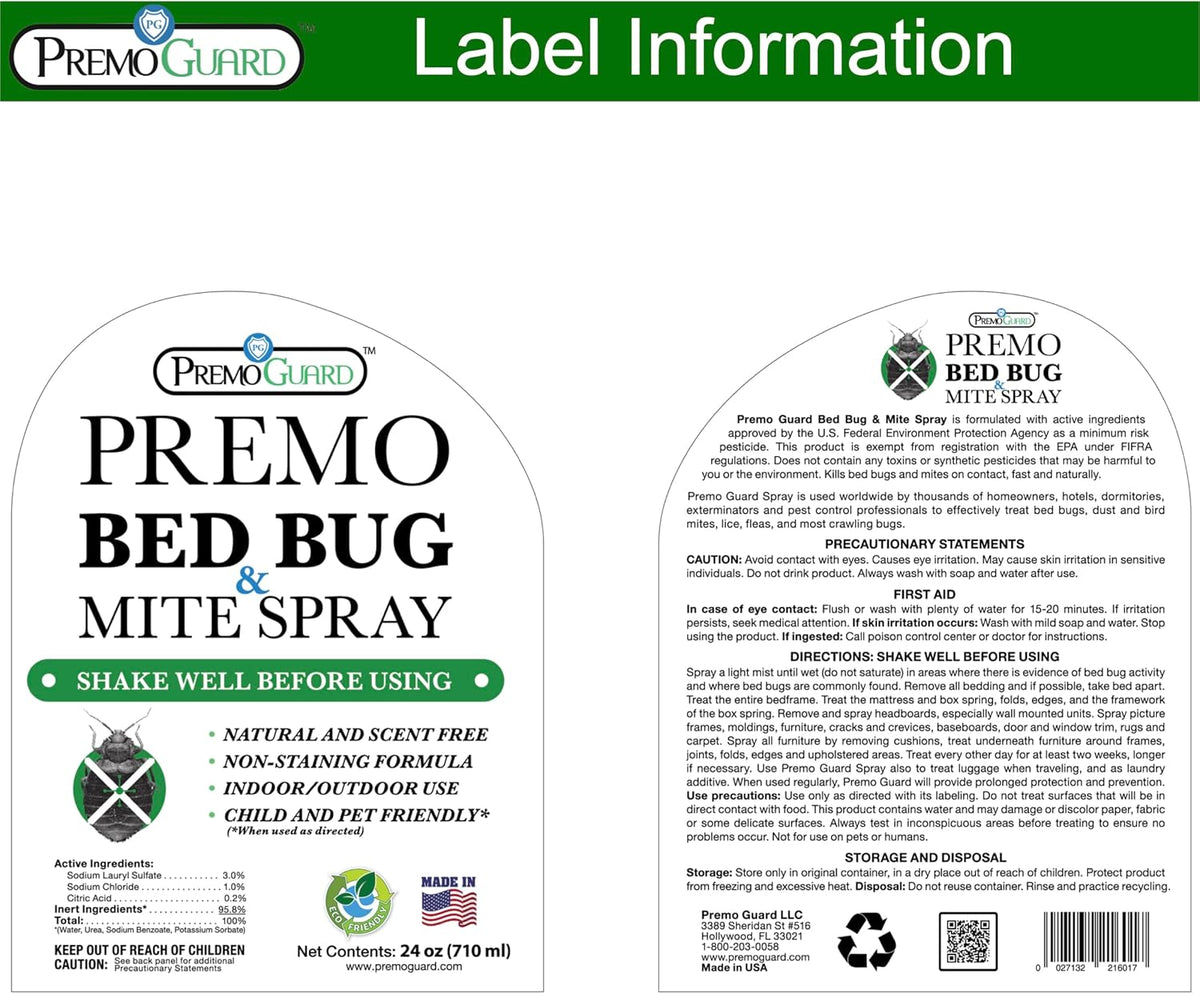 Premo Guard Bed Bug Killer Spray 24 oz - University Tested 100% Kill Rate - Natural Non Toxic, Stain & Scent Free - Kill Bedbugs & Mites On Bed & Blankets, Furniture, Clothing - Child & Pet Safe