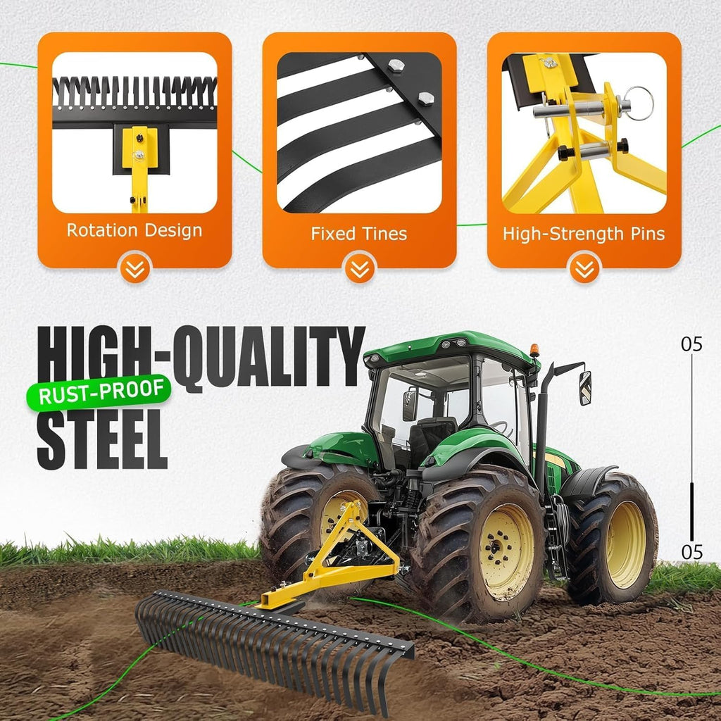 KUAFU 60In Landscape Rake, 3 Point Rake, 360 Rotation Compatible with Category 1, Cat1 Tractors Tow-Behind Garden Tool for Garden, Farm, Clearing Brush, Raking Arenas 2 Package Yellow