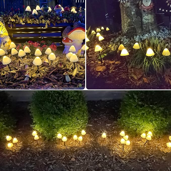OZS 2PK 32LED 55FT Mushroom Solar Garden Lights Outdoor, Solar String Lights Waterproof with 8 Lighting Modes, Solar Garden Decor for Outside, Pathway Light for Yard Decoration (Warm White)