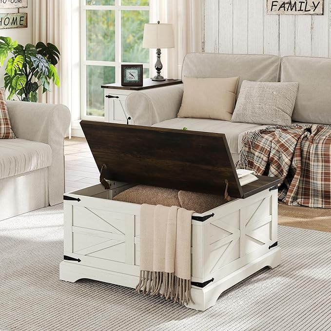 Furnideco Farmhouse Lift Top Coffee Table, Square Wood Center Table with Large Hidden Storage Compartment for Living Room, Rustic Cocktail White Modern Table with Hinged Lift Top, Brown Top