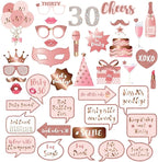 30th Birthday Party Photo Booth Props and Signs, Rose Gold 30 Birthday Party Selfie Props Kit with Sticks for Girls Women, Thirty 30th Happy Birthday Party Decorations Supplies Favors