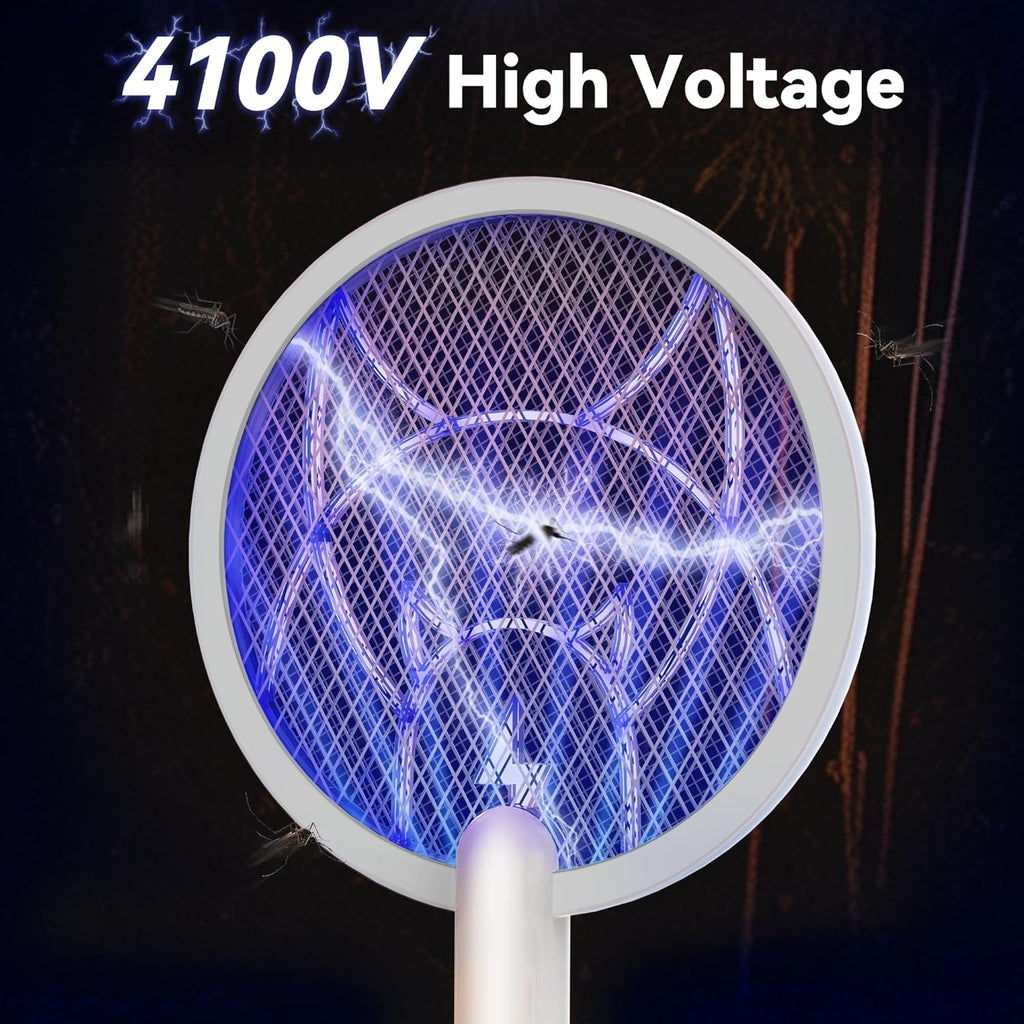 Electric Fly Swatter Racket,2 in 1 Mosquito Bug Zapper 4100V Handheld Mosquito Killer with 1800 mAh Rechargeable Battery, Purple Light and 3-Layer Safety Mesh for Indoor Outdoor Grey Two-Pack