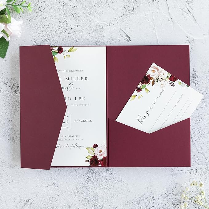 20 PCS Burgundy Tri-fold Laser Cut Wedding Invitation Pockets for 5x7 Wedding Cards Bridal Shower Engagement Quinceanera Invitation