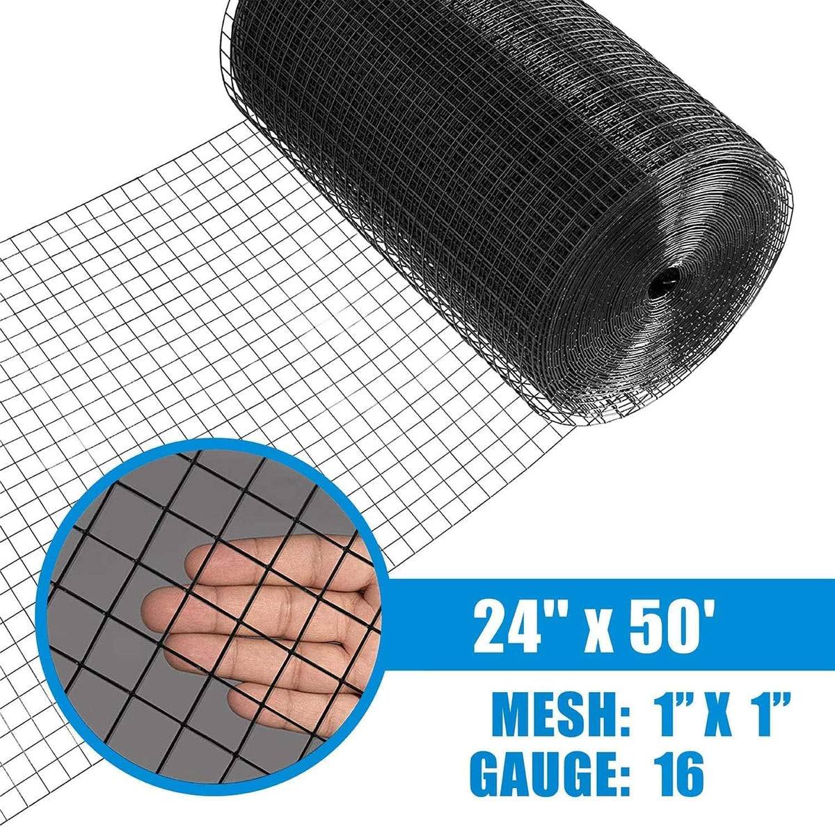 Fencer Wire Hardware Cloth with 1-Inch Grid, 16 Gauge Black Vinyl Coated Welded Fence Mesh Roll for Home and Garden Fence and Pet Enclosures Protect (24 Inch x 50 ft.)