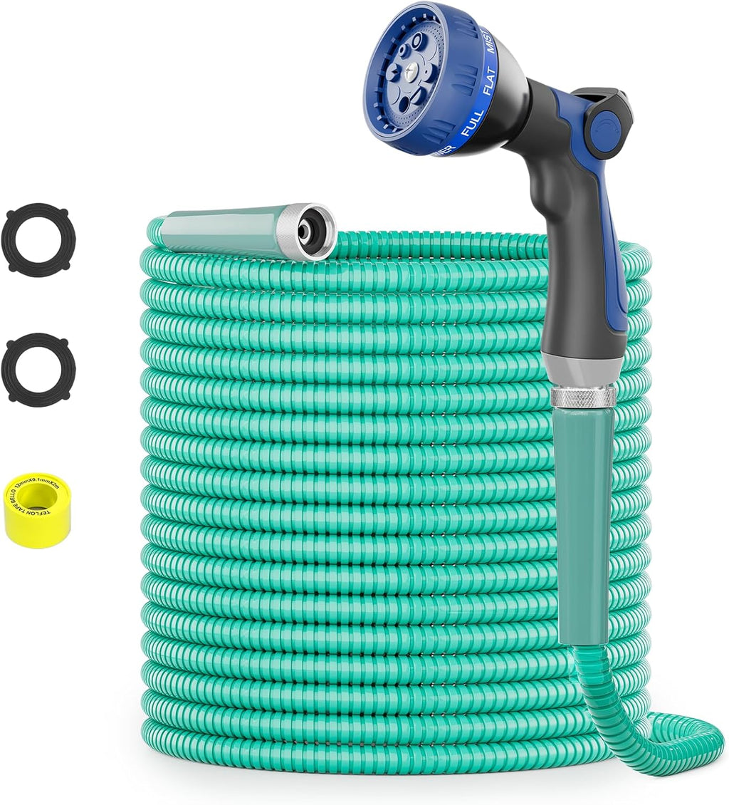 SPECILITE 75ft 304 Stainless Steel Garden Hose Metal, Heavy Duty Water Pipe with Nozzles for Yard, Outdoor - Flexible, Never Kink & Tangle, Puncture Resistant (Aqua)