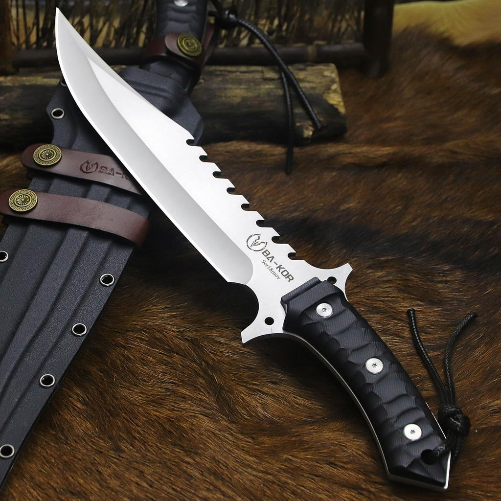 BA-KOR (15.8 inches) 5mm full Tang 9CR18MOV steel nylon fiber handle Bowie knife + sheath + (5.9 inches) cerium element striker, suitable for outdoor hunting, camping, survival, and daily carry of tools. (Sanding (full edge))
