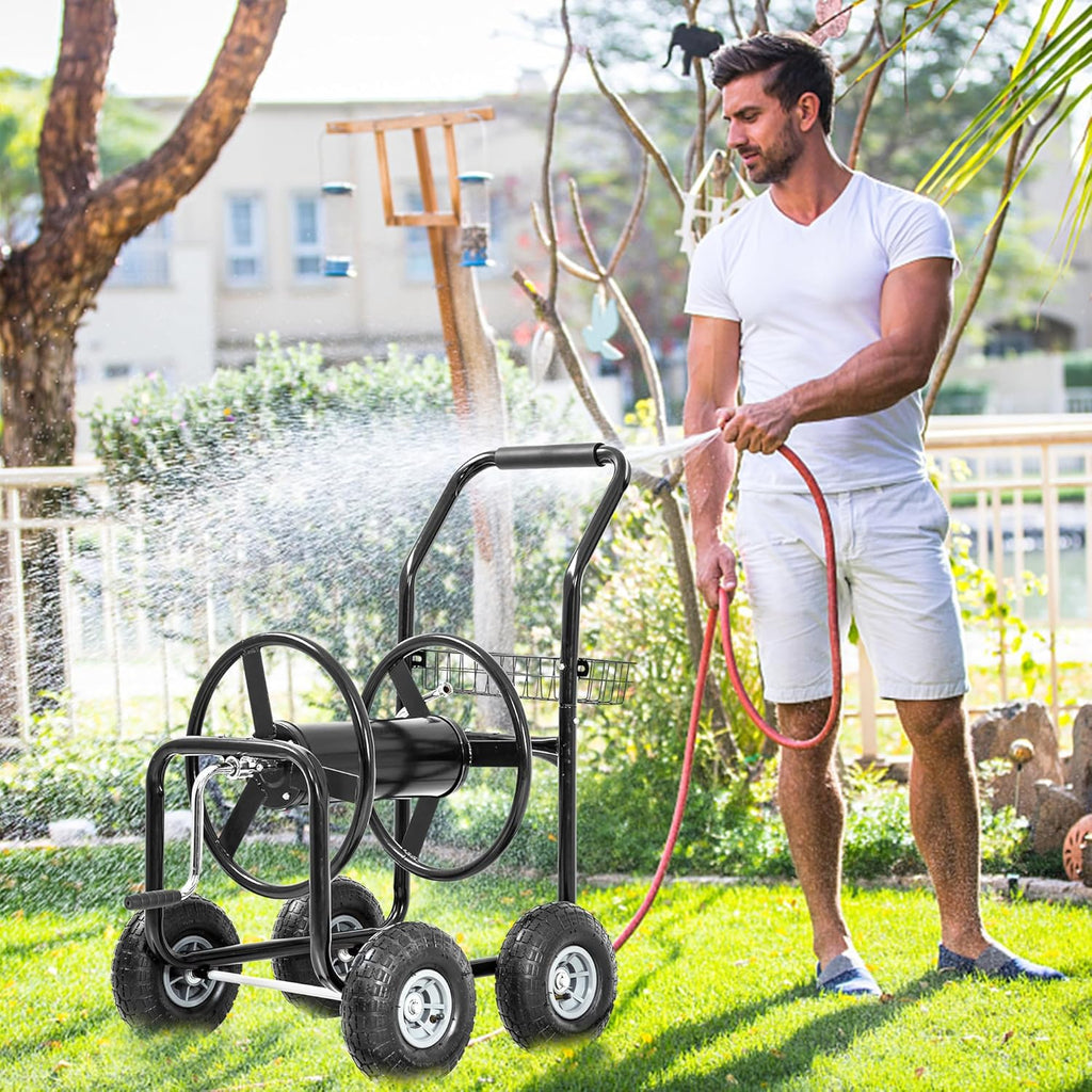 Hose Reel Hold Up To 300 Ft Heavy Duty Garden Hose Reel Sturdy Water Hose Reel Cart with 4 Wheels Storage Basket for Garden Lawn Yard Outdoor (Black)