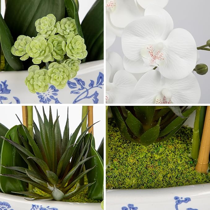 Briful White Orchid Fake Flowers 17in Artificial Orchid Silk Flowers in Blue and White Ceramic Pot Faux Orchid Arrangement for Home Office Bathroom Dining Table Modern Decoration