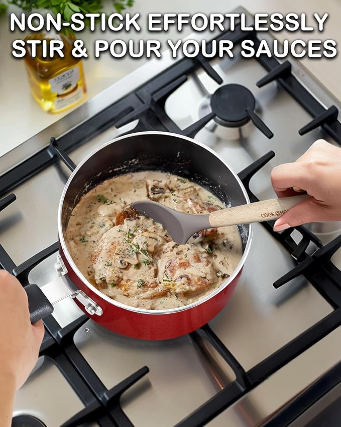 Cook N Home Non Stick Sauce Pan, 1 Quart Saucepan with Glass Lid, Nonstick Small Multi-purpose Pot, Milk Chocolate Aluminum Cooking Pot Pan with Stay-Cool Handle, Marble Red