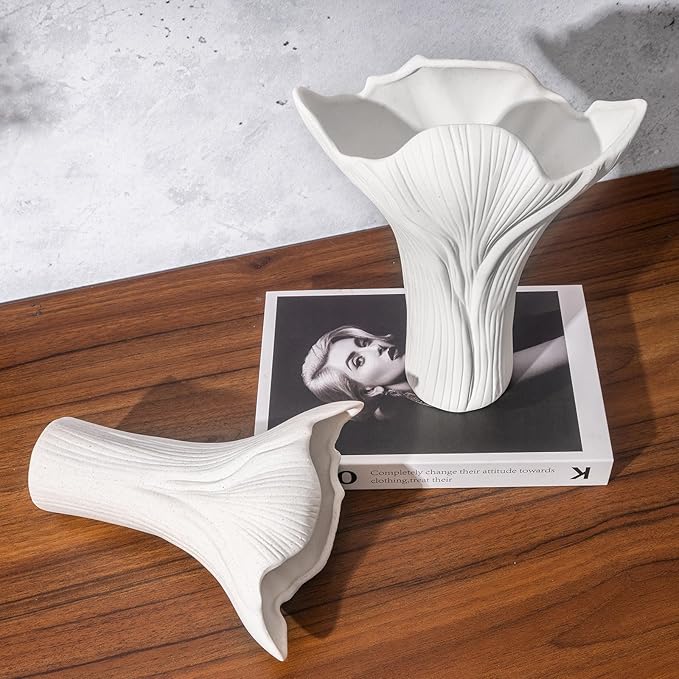 White Ceramic Vase Set of 2, Tree Bark Texture Antler Design, Handmade Nature-Inspired Flower Vases for Centerpiece, Home Office Wedding Decor, Gift Ready with Shockproof Box