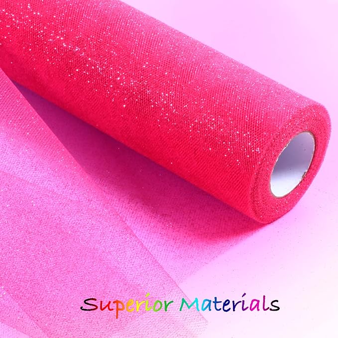 Sparkling Tulle Rolls, 15” by 30 Yards (90FT) Glitter Tulle Spool Ribbon Fabric for Wedding Birthday Bridal Shower Tutu Skirt Party Gift Wrapping (Fuchsia)